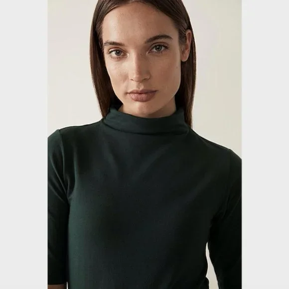 SOLD Trenery Dark Forest Green Mock Neck 1/2 Sleeve T-Shirt Top Size S Cotton - Picture 1 of 10